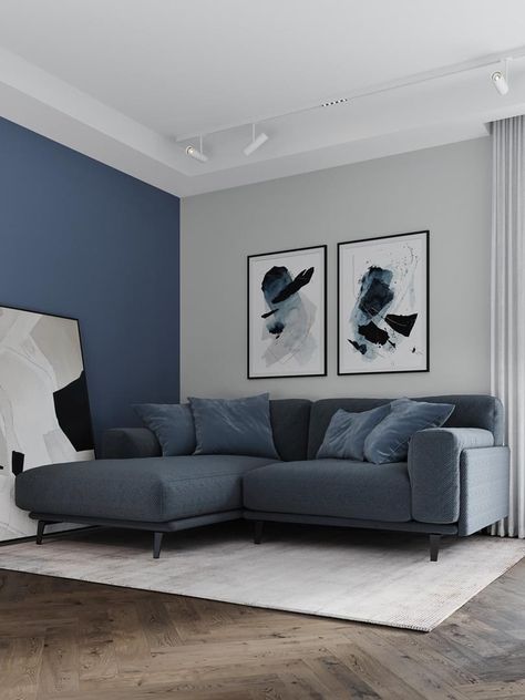 Grey Walls Blue Trim, Wall Painting Ideas Living Room Interior Design, Fun Wall Colors Paint, Gray And Navy Living Room Ideas, Grey And Blue Living Room, Living Room Color Combination, Room Color Combination, Living Room Wall Color, Bedroom Color Combination