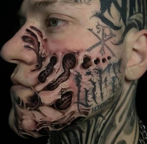 realistic face tattoo Full Face Tattoo, Skull Face Tattoo, Mama Tattoo, Places To Get Tattoos, Barber Tattoo, Hair Fan, H.r. Giger, Facial Tattoos, Face Piercings