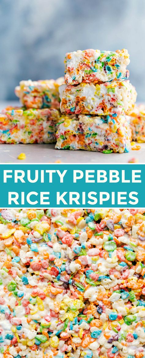 Colorful, sweet, and easy to make fruity pebble rice krispie treats will be a hit wherever you serve them! These treats take minutes to assemble, are easy to transport, and require only 6 ingredients. #treats #recipe #fun #desserts #cereal bars Fruity Pebble, Krispie Treats Recipe, Rice Recipes For Dinner, Colorful Desserts, Cereal Treats, Kid Desserts, Oreo Dessert, Rice Crispy Treats, Fruity Pebbles