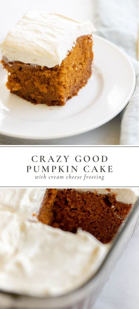 This is an incredibly moist Pumpkin Cake Recipe that is slathered in the most indulgent layer of creamy homemade frosting. This Pumpkin Cake with Cream Cheese Frosting is baked in a standard 9×13 baking dish, and it’s so easy to put together with no decorating skills required. #pumpkin #cake #creamcheese #dessert #pumpkincake #recipe #easyrecipe #fallrecipe Moist Pumpkin Bundt Cake Recipes, Pumpkin Cake Moist, Pumpkin Cake With Buttercream Frosting, Pumpkin Cake Frosting Recipe, Sour Cream Pumpkin Cake, Pumpkin Bundt Cake With Cream Cheese, Pumpkin Cake With Cream Cheese Icing, Pumkin Cake, Pumpkin Layer Cake