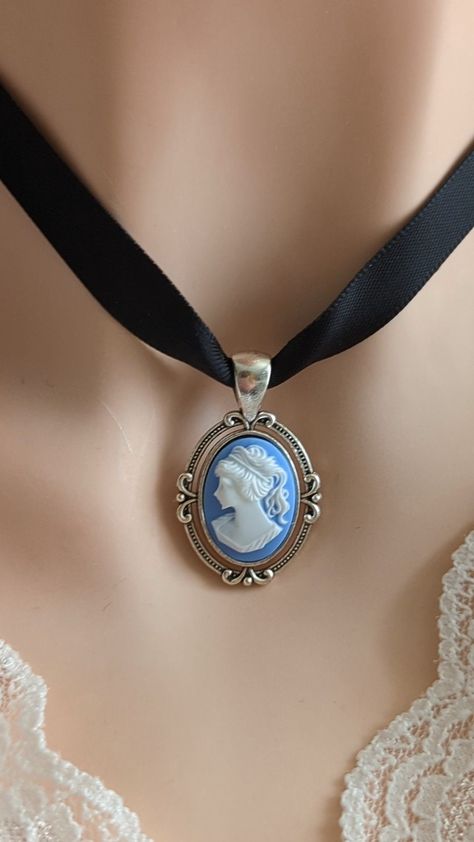 Blue Cameo Necklace, Black Ribbon Choker, Victorian Gothic Jewelry, Victorian Bridal Jewelry, Unique Gifts, Something Blue for Bride by PapillionEra on Etsy Black Ribbon Choker Necklace, Black Ribbon Choker, Cameo Choker, Something Blue For Bride, Victorian Gothic Jewelry, Ribbon Choker Necklace, Victorian Accessories, Victorian Cameo, Blue Bride