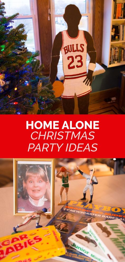 Home Alone Christmas party decor ideas - Michael Jordan cutout and items from Buzz's room Home Alone Night Ideas, Christmas Movie Tree Themes, Holiday Movie Themed Christmas Party, Home Alone Watch Party, Christmas Movies Decorations, Christmas Movie Theme Decorations, Home Alone Christmas Decorations Diy, Home Alone Trunk Or Treat, Christmas Movie Themes