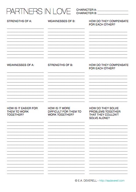 Writing Worksheet – Partners in Love (PDF) One of the best signs that I’ve heard that attests to a successful couple, is that they are more together than the sum of their parts. The equations of partnership are varied, of course. Is it 2 ➔ 1, or 1+1=1, or 1≏1=0, or 1≡1, or 1=½+½ or… Creative Writing Worksheets, Relationship Worksheets, Writers Notebook, Writing Characters, Therapy Worksheets, Book Writing Tips, Writing Worksheets, Up Book, Writing Resources