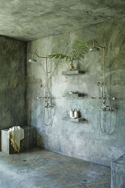 Concrete Shower, Lauren Liess, Concrete Bathroom, Dream Sofas, Rustic Living, Decoration Inspiration, Rustic Bathroom, Rustic Living Room, Mug Design