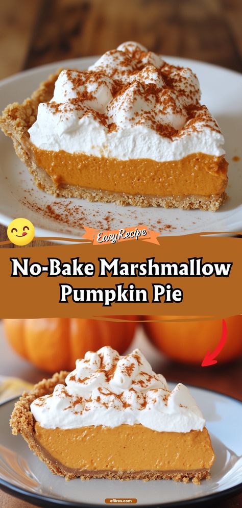 Whip up this no-bake marshmallow pumpkin pie in minutes. It’s a fluffy, light, and perfectly spiced dessert that will make you wish it was pumpkin season all year round. #NoBakeDessert #PumpkinPie #Marshmallow Pumpkin Pie Marshmallows, Marshmallow Fluff Pumpkin Pie, Pumpkin Pie With Marshmallows, No Bake Marshmallow Pumpkin Pie, Pumpkin Pie Alternatives, Thanksgiving Dessert No Bake, Pumpkin Cloud Pie, Pumpkin Marshmallow Pie, Pumpkin Lush Pie