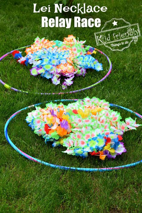 This Lei Necklace Realy Race is easy and hilarious to watch. It's perfect for your summer or Hawaiin themed party. Great for kids of all ages and adults. www.kidfriendlythingstodo.com #summer #game #outdoor #kids #teens #adults #hawaiian #luau #easy Indoor Summer Games For Kids, End Of Year Party Luau, School Summer Party Ideas, Hawaiian Week Summer Camp, Hawaiian Games For Adults, Laua Party Ideas Hawaiian Luau Games, Hawaiian Luau Preschool Theme, Luau Game Ideas, Diy Sandwiches For Party