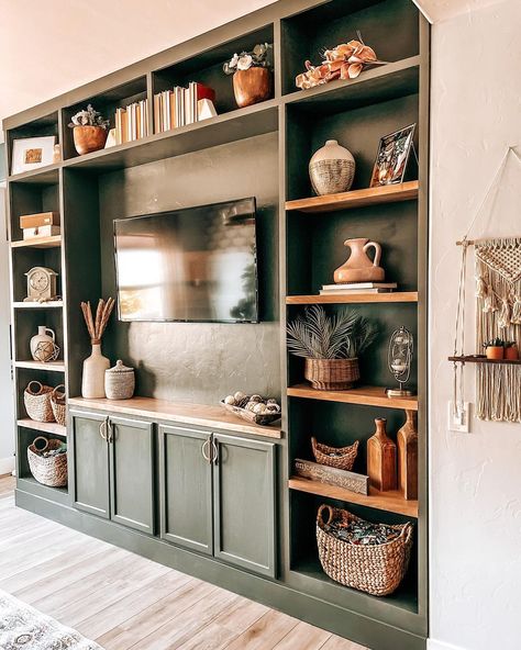 Built In Shelves Entertainment Center, Living Room Wall Storage Built Ins, Loft With Built Ins, Decorations For Entertainment Center, Built In Bookshelves With Tv Space, Built In Tv Shelves Living Room, Pine Built In Bookshelves, Black Built Ins With Wood Shelves, Shallow Living Room Built Ins