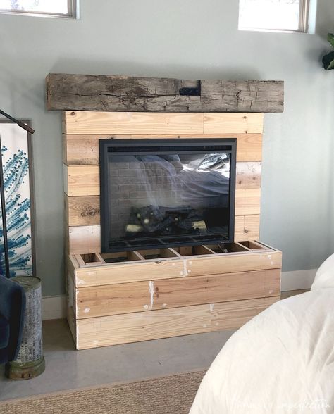 DIY electric fireplace - This fireplace insert is a great price, puts off just enough heat and looks amazing! Click through to see it come together, plus a price breakdown of the entire project. #fireplace #DIYfireplace #electricfireplace #rusticfireplace Diy Moveable Fireplace, Diy Fireplace Insert, Fireplace Built Ins Diy, Diy Fireplace Mantle, Electric Fireplace Mantle, Fireplace Modern Design, Fireplace Frame, Build A Fireplace, Fireplace Built Ins