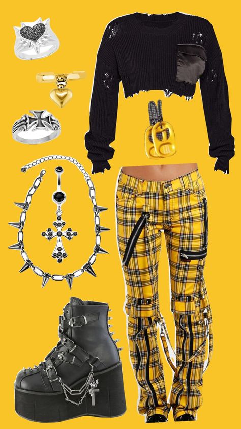 Goth in every colour - YELLOW Black And Yellow Goth Outfit, Yellow Punk Outfits, Yellow Alt Outfit, Yellow Goth Aesthetic, Yellow Goth, Mall Goth Outfits, Oc Outfits, Yellow Clothes, Scene Outfits