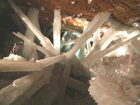 Giant quartz pillars in underground hotub Giant Crystal, Chihuahua Mexico, Crystal Cave, San Jose Del Cabo, Ice Crystals, Large Crystals, Gems And Minerals, Science And Nature, Rocks And Minerals