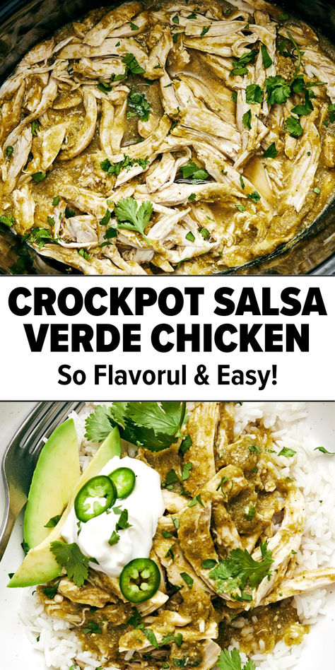 Crockpot salsa verde chicken Slow Cooker Chicken Salsa Verde, Chicken With Salsa Crockpot, Salsa Verde Meals, Crockpot Chicken Verde Recipes, Slow Cooker Chicken Shredded, Green Chicken Crockpot, Low Calorie Dinner Crockpot, Chile Verde Chicken Crockpot, Avocado Salsa Chicken