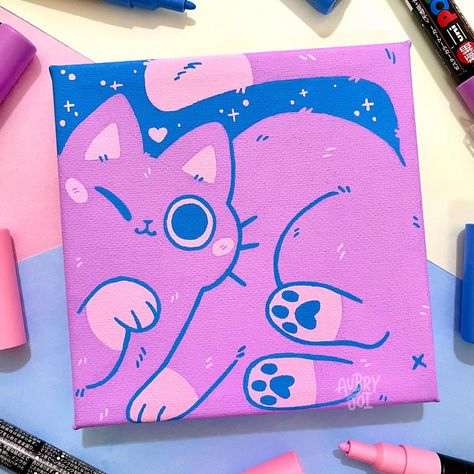 A perfect fit 🐱🟪 I’ve been sitting on this painting for a while! My club members picked the color palette for me, and it was really fun to… | Instagram Sarah Wright, Mini Tela, Mini Toile, Cartoon Cats, Posca Art, Cute Paintings, Small Canvas Art, Diy Canvas Art Painting, Mini Canvas Art