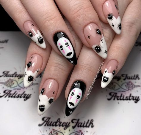 September Nail Art Ideas, No Face Nail Art, Creative Halloween Nails, Halloween Nails Stitches, No Face Nails, Shirt Nails Designs, Witchy Nails Almond, Hazbin Hotel Nails, Moth Nails