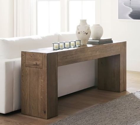 Raymond Reclaimed Wood Console Table (72") | Pottery Barn Reclaimed Wood Console Table, Computer Desks, Writing Desks, Dovetail Joinery, Reclaimed Oak, Office Desks, Wood Console Table, Kiln Dried Wood, Wood Console