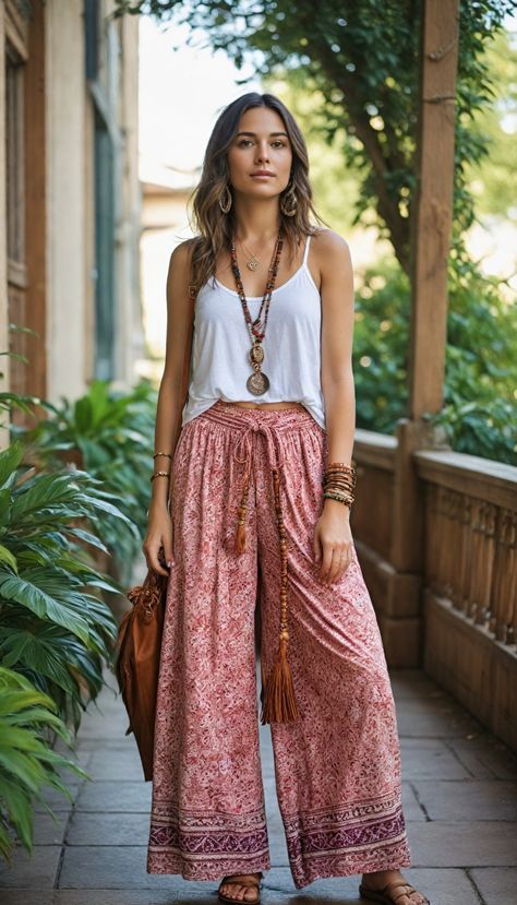 Summer Boho Chic Outfits, Everyday Boho Outfits, Boho Style 2024, Summer Fashion 2024 Trends Casual, Chic Boho Outfits, Boho Summer Outfits Bohemian, Boho Chic Summer Outfits, Boho Yoga Outfit, Boho Pants Outfit