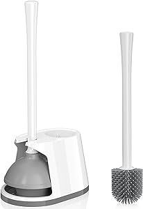 Toilet Plunger and Brush Set, Silicone Bowl Brush and Heavy Duty Toilet Plunger with Ventilated Holder, 2-in-1 Toilet Brush and Plunger Combo for Bathroom Deeply Cleaning (1, White & Grey01) How To Store Plunger And Toilet Brush, Toilet Brush And Plunger Storage, Plunger Holder, Cool Toilet Brush, Toilet Brush And Plunger, Toilet Plunger And Brush Set, Grey Toilet, Toilet Plunger, Toilet Brushes And Holders