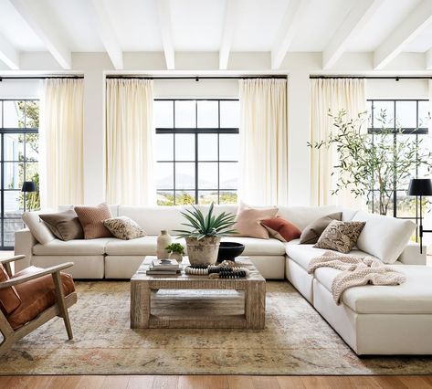 Family Room Corner Sofa, Styling White Sectional Sofa, Furniture Pottery Barn, Corner Sofa Styling Cushions, Foam Furniture Pottery Barn, Farmhouse Sectional Sofa Fabric, Large Family Room With Sectional, Farm House Living Room Sofas, Living Room With Sectional And Chaise