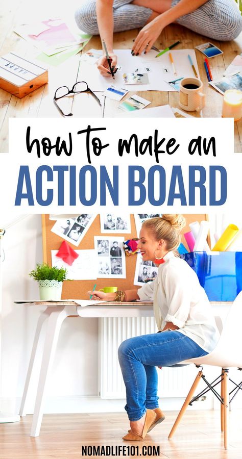 Wondering how to make an action board to reach your goals faster? Learn everything you need to know about action boards to get started. Our guide also features the main differences between a vision board and an action board. Ready to get started? Click the pin to learn more! Organisation Board Ideas, Daily Management Board, How To Create A Vision Board In Canva, Affirmations Board Ideas, Goal Boards Ideas, Resolution Board Ideas, Work Goal Board Ideas, Budget Vision Board Ideas, Goals Poster Board Ideas