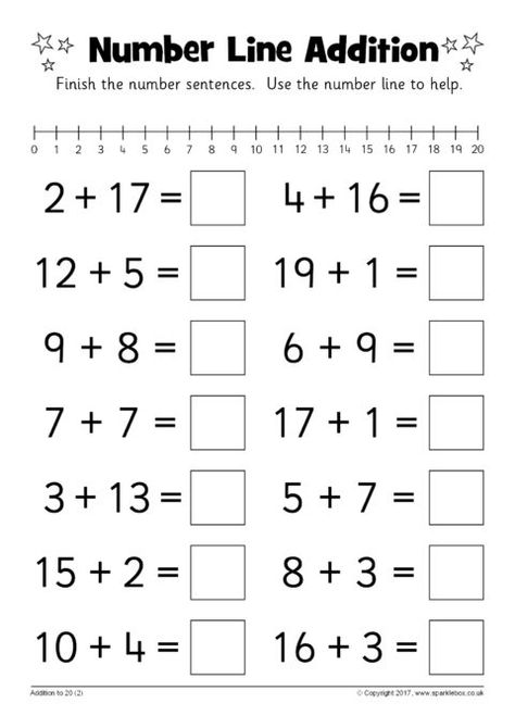 Number Line Addition Worksheets (SB12217) - SparkleBox Addition Up To 20 Worksheets, Adding To 20 Worksheets, Addition 1-20 Worksheets, Addition Up To 20, Addition Worksheets First Grade, Number Line Worksheet, Number Line Addition, Addition Within 20, Adding Worksheets