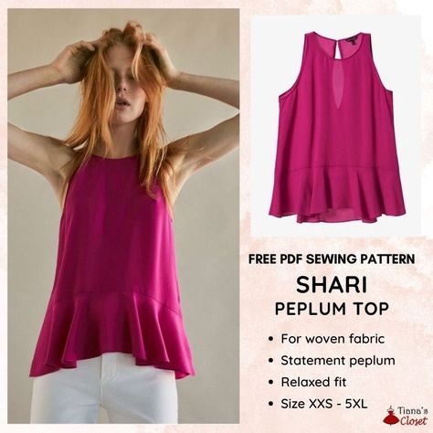 Shari Peplum Top FREE Sewing Pattern | Sewing 4 Free Free Sewing Patterns For Women Tops, Peplum Top Pattern, Sleeveless Top Pattern, Sewing Tops, Sewing Shirts, Sleeveless Peplum Top, Peplum Tops, Save The Earth, Free Pdf Sewing Patterns