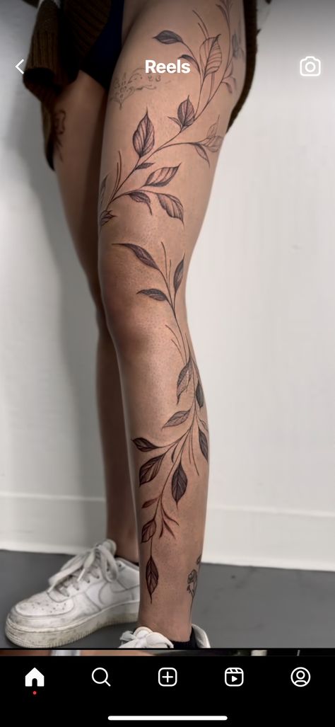 Bohemian Leg Tattoo, Thigh Leaf Tattoos Women, Hip To Ankle Tattoos Women, Vines Up The Leg Tattoo, Leaves Leg Sleeve, Outline Leg Tattoos Women, Full Leg Plant Tattoo, Woodland Leg Tattoo, Plant Tattoos On Leg