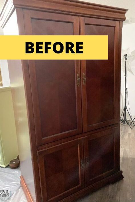 Large Curio Cabinet Makeover, Armoire Bar Cabinet, Green Armoire Makeover, Tv Cabinet Refurbished, Refinishing Armoire Ideas, Wallpaper Armoire, Vintage Armoire Makeover, Amoire Ideas Furniture Makeover, Refurbished Furniture Before And After