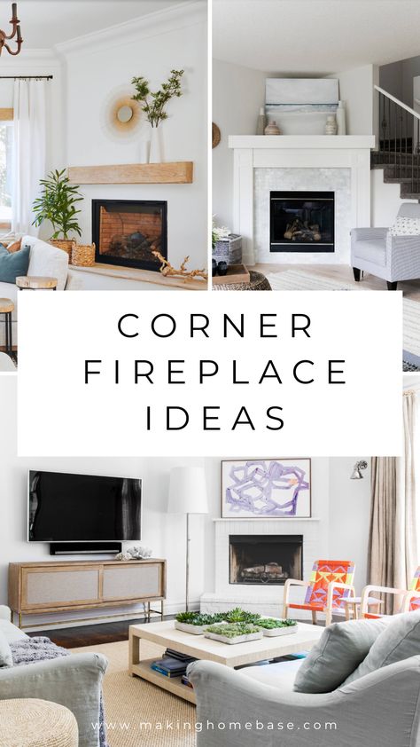 Decor Around A Fireplace, Corner Fireplace And Tv Placement, Corner Fireplace By Stairs, Corner Fireplace Living Room Modern, Fireplace At An Angle, Angled Fire Places Ideas Living Room, Living Room Fireplace In Corner, Living Room Decor Corner Fireplace, Living Room Inspiration With Corner Fireplace