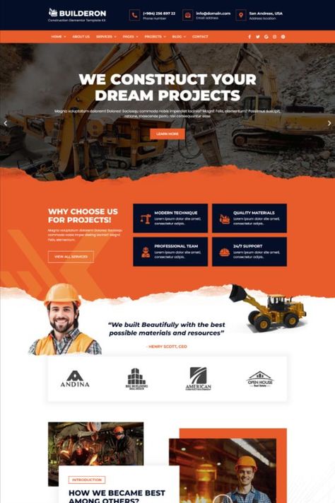 Builderon – A Construction Elementor Template Kit is an Elementor Template Kit for quickly and easily creating websites for your business using the Elementor Page Builder plugin for WordPress. Construction Website Design, Construction Website Templates, Elementor Templates, About Us Page Design, Creating Websites, Inmobiliaria Ideas, Modern Website Design, Creative Website, Professional Website Design