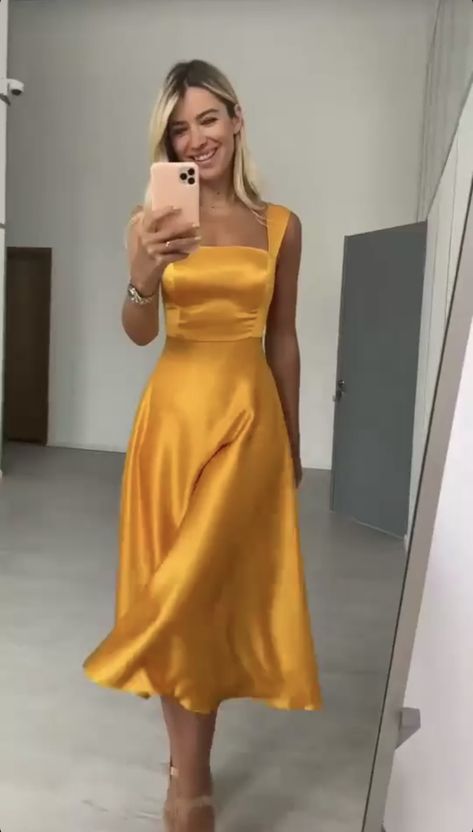 Mustard Yellow Dress Outfit Casual, Embroidered Silk Dress, Graduation Guest Dress Ideas, Mustard Wedding Guest Dress, Strappy Summer Dress, Classy Yellow Dress, Graduation Dress Yellow, Elegant Satin Dresses Classy, Mustered Yellow Dress