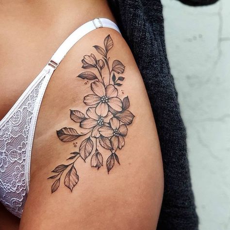 Hip Tattoos Women Peonies, Beautiful Tattoo For Women, Beautiful Hip Tattoos, Tattoo Ideas For Side Of Stomach, Womens Small Hip Tattoo, Peonies Tattoo Thigh, Thigh To Hip Tattoos Women, Woman’s Hip Tattoo, Spins Tattoos