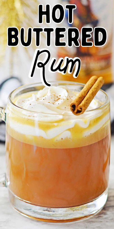 Old fashioned hot buttered rum is rich and smooth with warming spices and notes of vanilla that'll warm you up from the inside out. Get cozy with this classic drink this winter! Hot Buttered Rum Cocktail, Hot Apple Cider Buttered Rum, Hot Toddy With Rum, Hot Buttered Whiskey Recipe, Fall Hot Drinks Alcohol, Thanksgiving Hot Alcoholic Drinks, Butter Rum Drink, Fall/winter Alcoholic Drinks, Hot Butter Rum Recipe