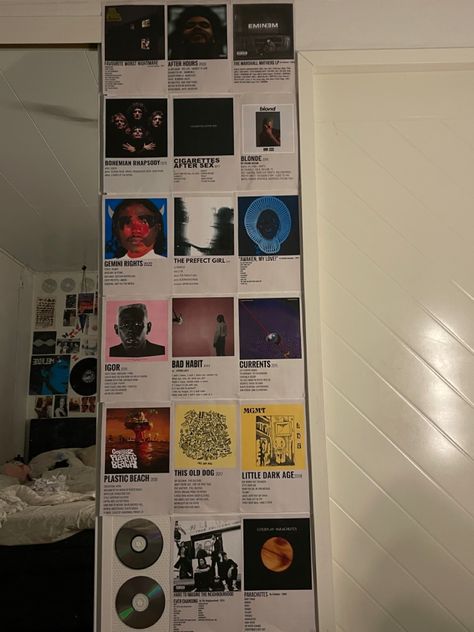 Rooms With Album Covers, Room Decor Bedroom Music Posters, Rappers Room Ideas, Poster Covered Walls Bedroom, Music Wall Ideas Bedroom, Room Inspo Music Posters, Room Ideas Eminem, Album Wall Bedroom, Room With Album Covers On Wall