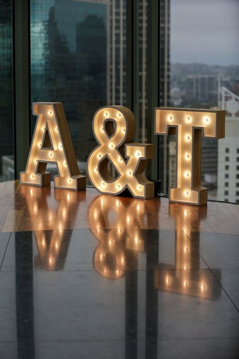 Marquee Letter Lights from a "Love at First Sight" Romantic Modern Wedding on Kara's Party Ideas | KarasPartyIdeas.com (6) Big Letters Decoration Wedding Ideas, Wedding Letter Lights, Wedding Light Up Letters, Wedding Light Letters, Letters At Wedding, Light Letters Decor, Marquee Lights Wedding, T Letter Design, Wedding Letters Decor