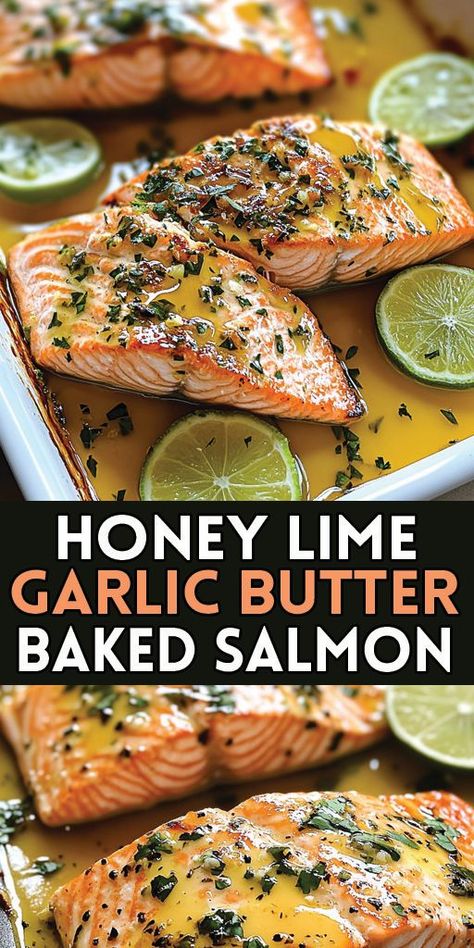 Honey Lime Garlic Butter Baked Salmon Ingredients: 4 salmon fillets (6 ounces each) Salt and pepper, to taste 4 tablespoons unsalted butter, melted 4 cloves garlic, minced 2 tablespoons honey 1 tablespoon lime juice Zest of 1 lime 2 tablespoons freshly chopped parsley, for garnish Lime wedges, for serving #salmon #easyrecipes #camilarecipes Lime Salmon Recipes, Salmon Fillet Recipes, Baked Salmon Recipe, Honey Garlic Salmon, Garlic Butter Salmon, Lime Salmon, Lime Recipes, Baked Garlic, Baked Salmon Recipes