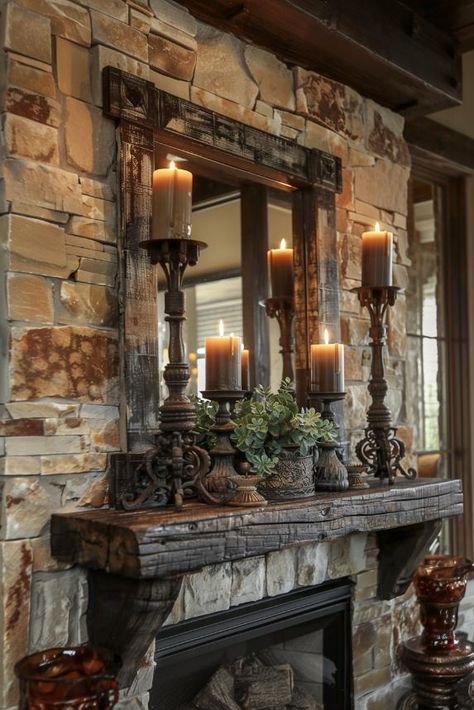 40 Rustic Mantel Decor Ideas To Revamp Your Fireplace Fireplace Designs Farmhouse, Victorian Rustic Decor, Country Feel Living Room, Rustic Den Ideas, Diy Cozy Home Decor, Rock Fireplace Decor Ideas, Brick Gas Fireplace Ideas, Old World Fireplace Ideas, Fireplace Decorations For Christmas