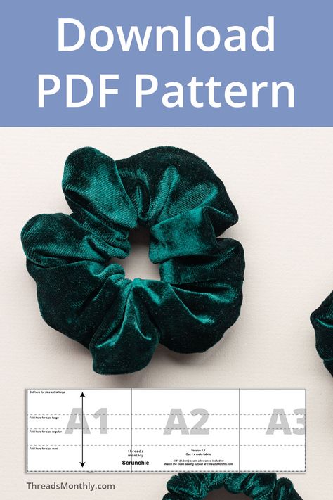 Make your own velvet scrunchies from home. This FREE sewing pattern comes in sizes mini, regular, large, and XL. It's a printable PDF. DIY scrunchies are an easy sewing project idea for beginners. Start making your own clothes and hair accessories. Scrunchies Diy Pattern, Scrunchy Pattern Free, Scrunchies Pattern Free, Hairband Sewing Pattern, Scrunchies Size Pattern, Large Scrunchies Pattern Sewing, Scrunchie Sewing Patterns Free, Diy Large Scrunchie, Free Scrunchie Pattern Sewing