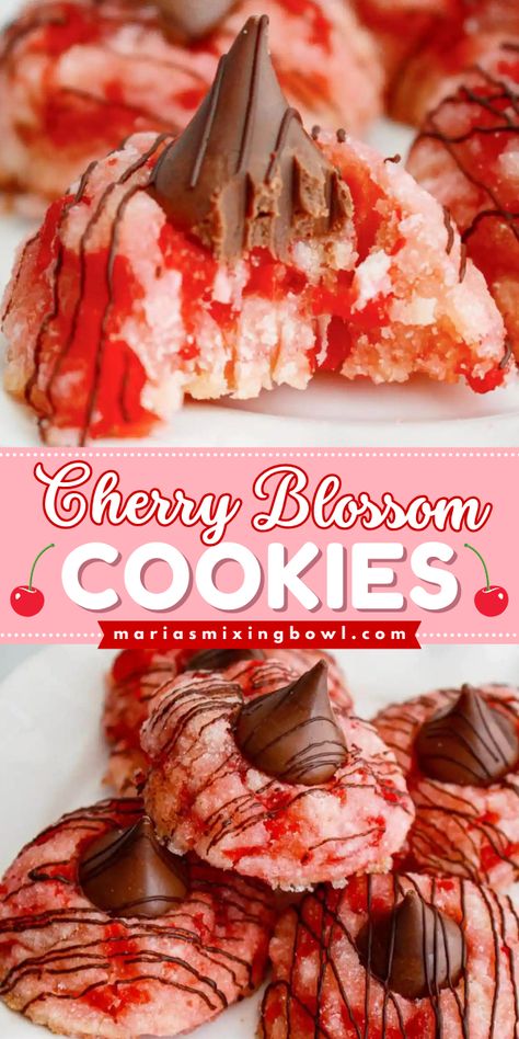 Looking for delicious dessert recipes? Say hello to your new favorite cookies! This simple baking idea starts with maraschino cookies. Topped with a Hershey Kiss and drizzled with chocolate, these easy cherry blossom cookies are such a treat! Holiday Maraschino Cherry Shortbread Cookies, Cherry Balls Christmas, Cherry Maraschino Cookies, Cherry Chip Desserts, Coconut Cherry Cookies, Cherry Blossoms Cookies, Cherry Hershey Kiss Cookies, Chocolate Covered Cherries Cookies, Cherry Chocolate Cookies Recipes