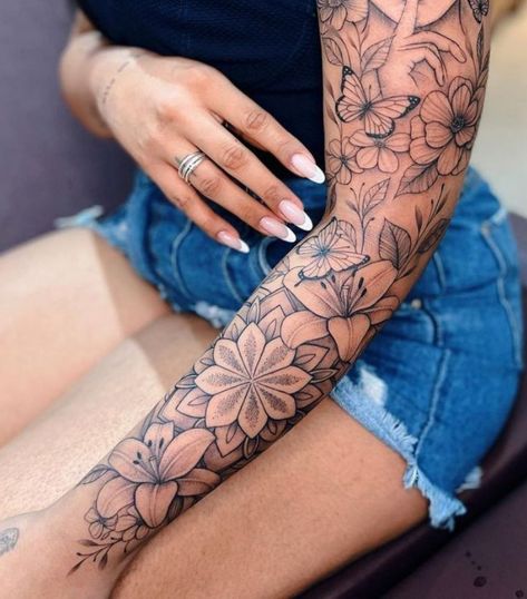 Whole Arm Sleeve Tattoos For Women, Christen Whitman Tattoos, Mandela Tattoo Sleeve, Floral Arm Sleeve, Lace Sleeve Tattoos, Half Sleeve Tattoos Forearm, Tattoo Artist Tattoo, Mandala Tattoo Sleeve, Arm Sleeve Tattoos For Women