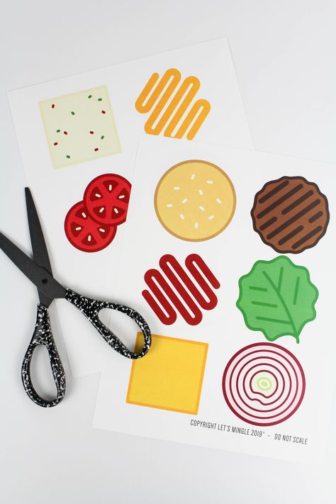 Hamburger Party Decorations, Build A Burger Printable, Build A Burger Free Printable, Hamburger Decorations, Burger Party Decoration, Burger Printable, Burger Craft, Easy Party Decor, Burger Illustration