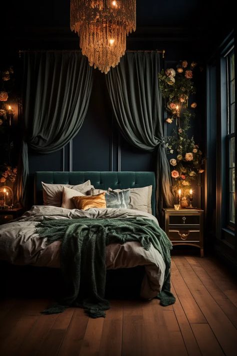 50+ Whimsy Goth Bedroom Ideas Gothic Bedroom With White Walls, Magical Bedrooms For Adults, Dark Moody Academia Bedroom, Goth Glam Bedroom Ideas, Dark Bedroom Wallpaper Ideas, Dark Velvet Bedroom, Goth Eclectic Decor, Dark Luxurious Bedrooms, Romantic Forest Bedroom