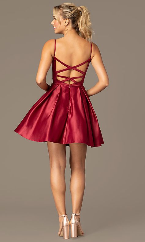 Open-Back Short Skater-Skirt Hoco Dress - PromGirl Dresses Open Back, Hoco Dress, Ranveer Singh, Dresses Elegant, Hoco Dresses, Dance Dresses, Blackheads, Look Cool, Satin Dresses