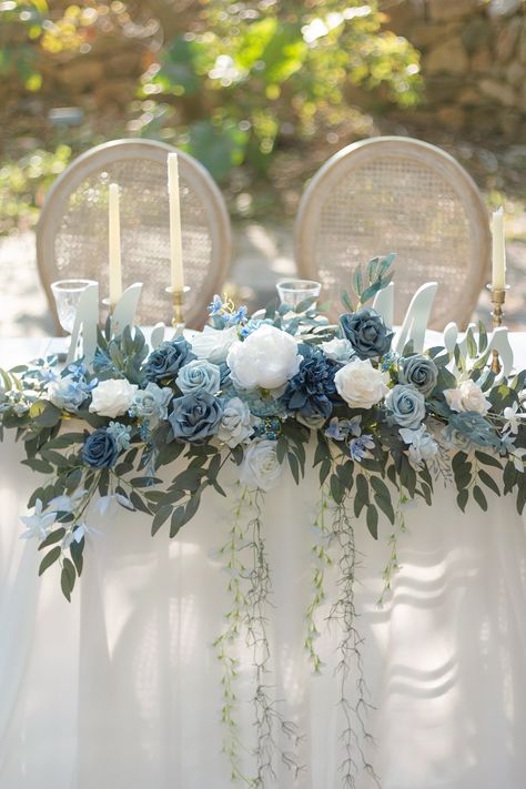 Sweetheart Table Centerpiece, Blue Wedding Decorations, Sweetheart Table Wedding, Light Blue Wedding, Blue Themed Wedding, Blue Wedding Flowers, Dusty Blue Weddings, Wedding Theme Colors, Vintage Wedding Decorations