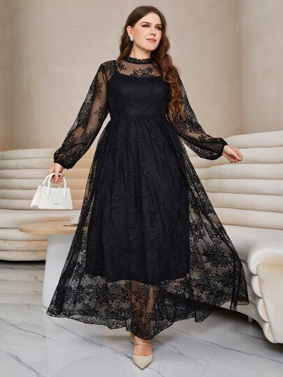 Plus Lantern Sleeve Mock Neck Lace Dress | SHEIN Black Dress Lace Sleeves, Islamic Clothing Abayas, Lace Dres, Dress Outfits Party, Iranian Women Fashion, Lace Prom Dress, Lace Dress With Sleeves, Fashion Attire, Flounce Sleeve