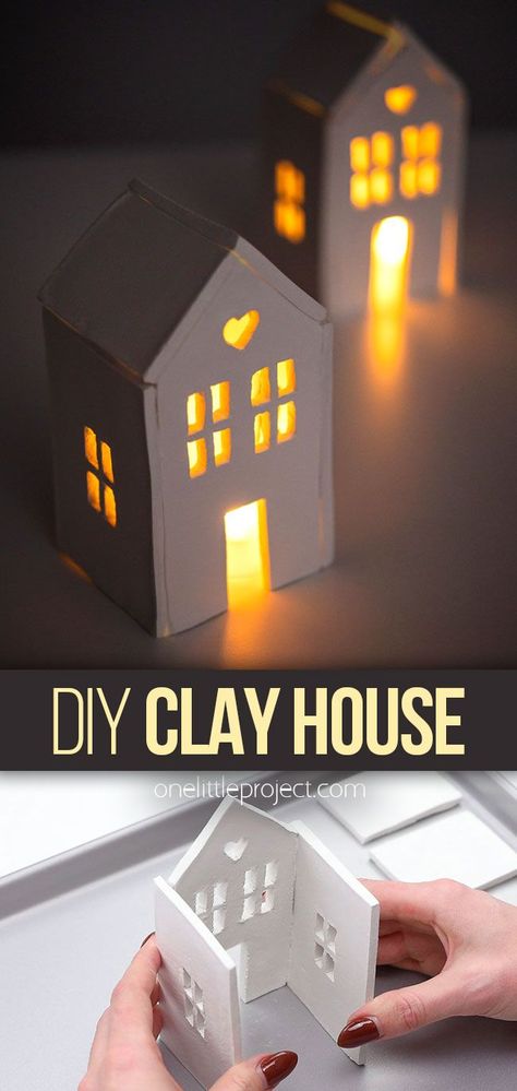 This clay house is so easy to make using air dry clay and our free printable templates! It's such a fun craft for winter or any time of year. Paint it and use it as a Christmas decoration or leave it white as a house candle holder. Such a fun way to make your own Christmas village! Air Dry Clay For Beginners, Air Dry Clay Candle Holder, Arch Portfolio, Air Dry Modeling Clay, Folk Christmas, Fimo Art, Clay Candle Holders, House Candle Holder, House Candle