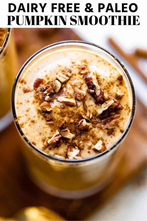 This dairy free pumpkin protein shake is loaded up with healthy fats, delicious spices, plenty of protein, and fiber to keep you feeling satiated for a long time. It's perfect to drink all year long, and it's also refined sugar free, paleo, and can be made vegan. #pumpkin #smoothie #vegan #paleo Paleo Pumpkin Smoothie, Pumpkin Waffles Easy, Paleo Pumpkin Waffles, Pumpkin Protein Shake, Pumpkin Pie Shake, Paleo Pumpkin Bread, Vegan Pumpkin Soup, Pumpkin Protein, Dairy Free Pumpkin