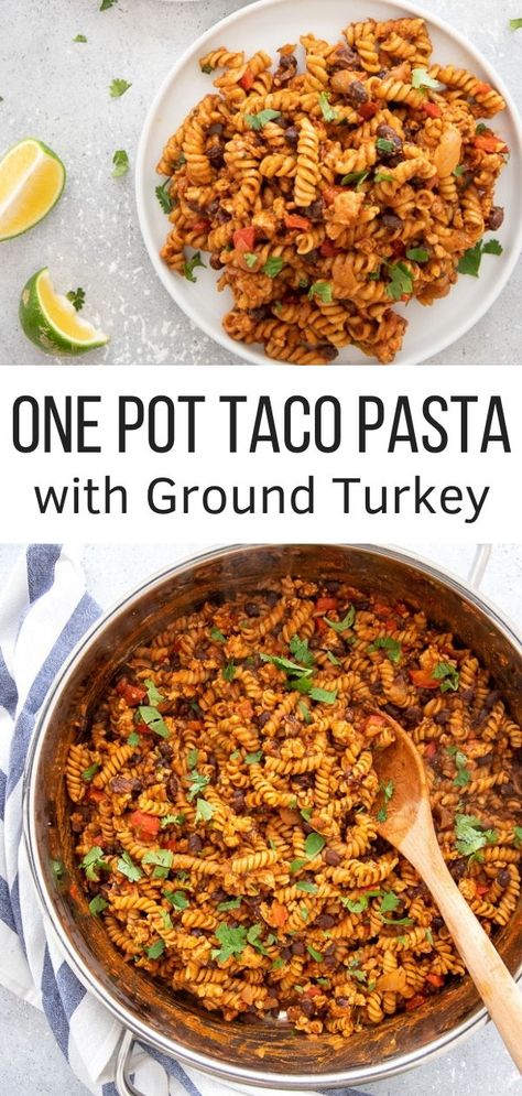 Add this easy recipe for One-Pot Taco Pasta with ground turkey, bell pepper, beans, salsa, and taco seasoning to your healthy dinner rotation. A simple, creamy yet dairy-free pasta recipe that is ready in just under 30 minutes! You can use ground chicken or ground beef in lieu of ground turkey! So much better than any Kraft pasta dinner! #onepotrecipes #onepotpasta #healthyrecipes #pastarecipes #dairyfree Pasta Recipes Dairy Free, Turkey Pasta Recipes, Pasta With Ground Turkey, Ground Turkey Pasta Recipes, Dairy Free Pasta Recipes, Recipes Dairy Free, Ground Turkey Pasta, Turkey Christmas, Ground Turkey Tacos