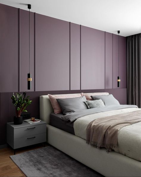 Purple Walled Bedroom, Purple Modern Bedroom, Purple Wall Design, Bedroom Purple Walls, Purple Aesthetic Bedroom, Purple Bedroom Design, 2024 Bedroom, Bedroom Purple, Bed Interior