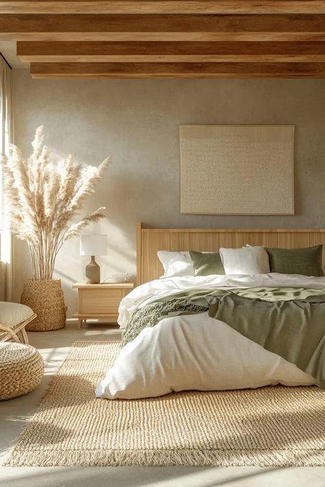 Natural Comfort: 40 Organic Modern Bedroom Designs You'll Love Costa Rica Bedroom Ideas, Tulum Bedroom, Organic Minimalist Home, Burnt Orange Pillows, Organic Modern Bedroom, Organic Bedroom, Japandi Bedroom, Taupe Walls, Moody Bedroom