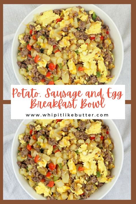 Everything that you need for a complete breakfast is in this Potato, Sausage and Egg Breakfast Bowl! The perfect way to jumpstart the day! Sausage And Potato Breakfast, Breakfast Bowl Eggs Potatoes, Healthy Breakfast With Potatoes, Egg Sausage Potato Breakfast Bowl, Sausage And Egg Scramble, Breakfast Sausage Bowl, Egg Breakfast Bowls Healthy, Potato Scramble Breakfast, Meal Prep Breakfast Scramble