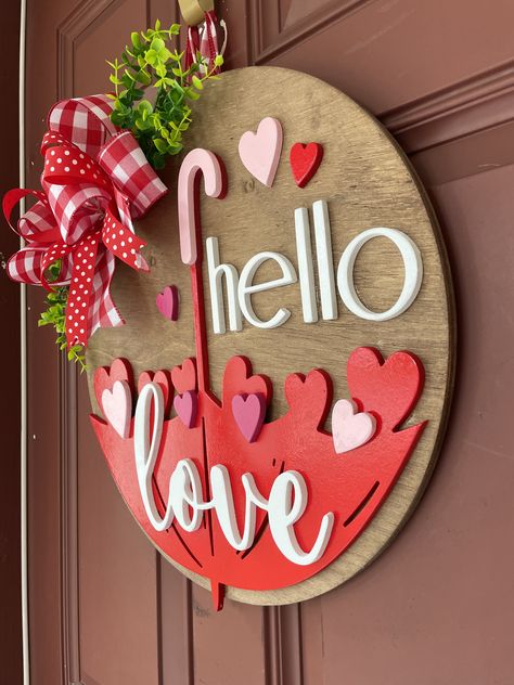 Get into the season of love with this beautiful 3d raised lettering Valentine's Front Door Hanger! We now cut all our signs with birch plywood which is a much harder and better quality than pine. Valentine's Door Hanger, Valentine Laser Ideas, Valentines Signs Wooden, Valentine Laser Cut Ideas, Valentine’s Day Door Hanger, Valentine Door Hangers, Valentine Resin, Grave Arrangements, Valentines Day Door Hanger